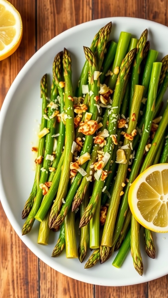 Golden roasted asparagus with garlic and parmesan, served with lemon wedges on a rustic table.